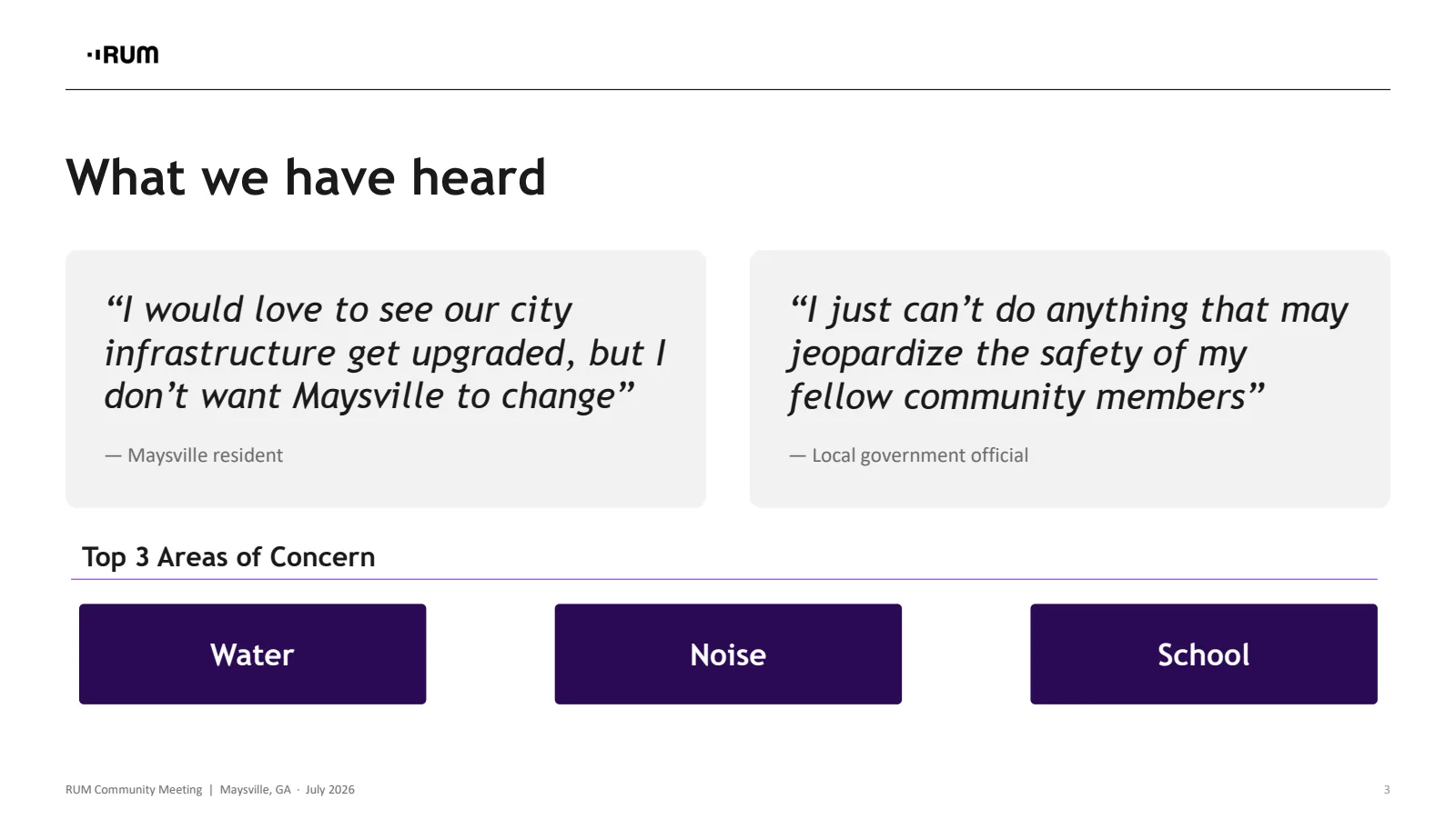 Slide 3 of 13. What we have heard. A Maysville resident: I would love to see our city infrastructure get upgraded, but I don't want Maysville to change. A local government official: I just can't do anything that may jeopardize the safety of my fellow community members. Top three areas of concern: water, noise, school.
