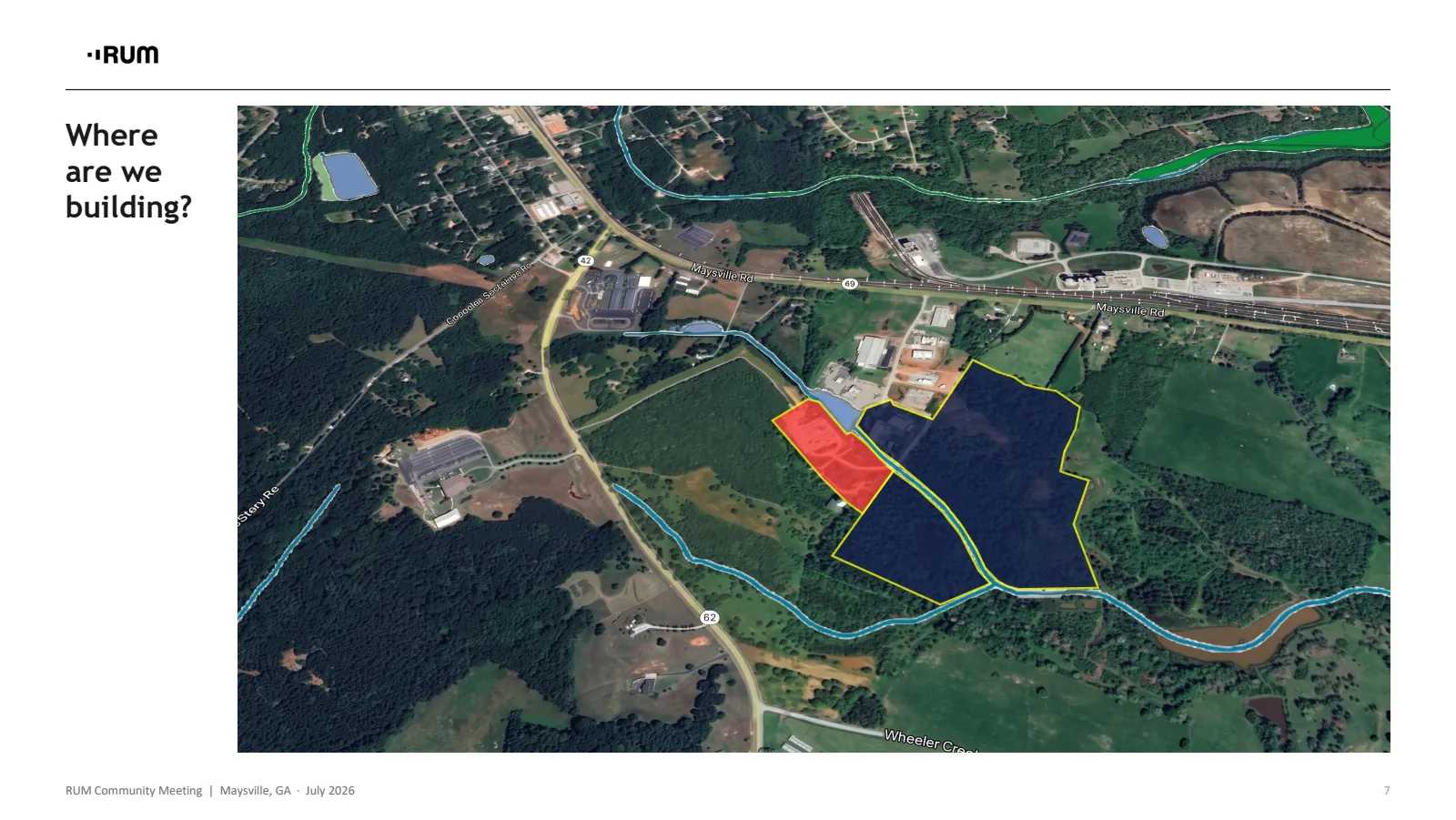 Slide 7 of 13. Where are we building? An aerial map of Maysville showing the project parcels outlined south of Maysville Road, between Highway 62 and the rail line, near Wheeler Creek Road.