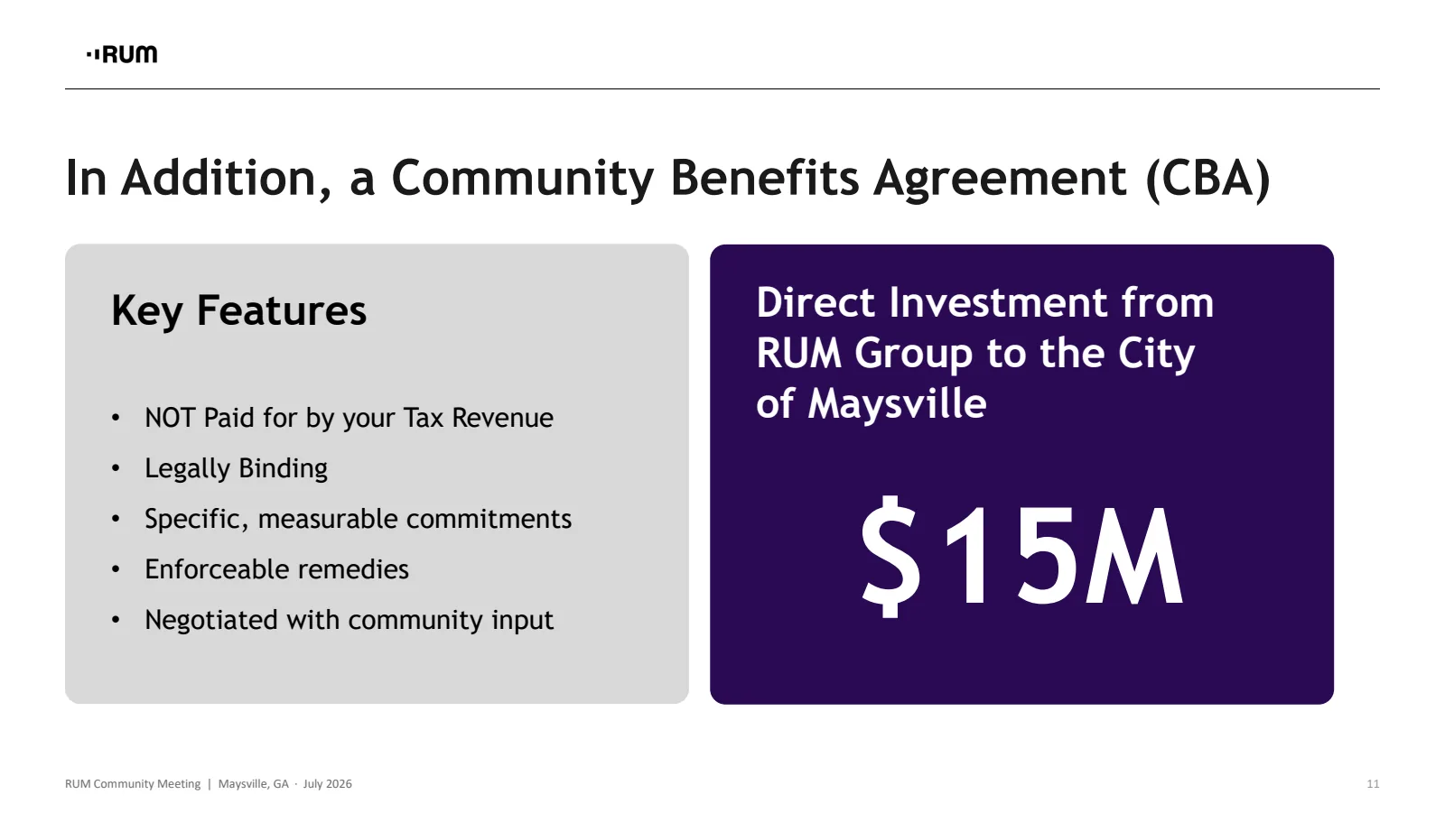 Slide 11 of 13. In addition, a Community Benefits Agreement (CBA). Key features: not paid for by your tax revenue, legally binding, specific measurable commitments, enforceable remedies, negotiated with community input. Direct investment from RUM Group to the City of Maysville: 15 million dollars.